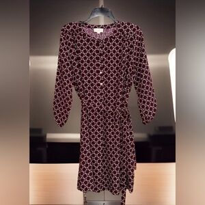 NWT LOFT Outlet Maroon & White Printed Tie-Waist Dress - M